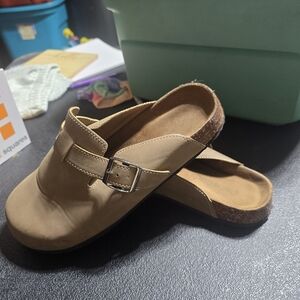 Tan Slip-On Clogs with Buckle